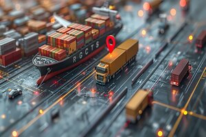 Logistics means of transport together with technological and futuristic holograms