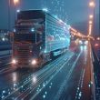 Logistics means of transport together with technological and futuristic holograms