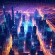 Panoramic view a city illuminated in a neon spectrum