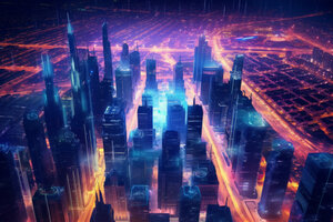 Panoramic view a city illuminated in a neon spectrum