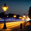 A street lamp on a street with the lights on.