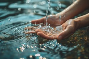 hands that are touching flowing water