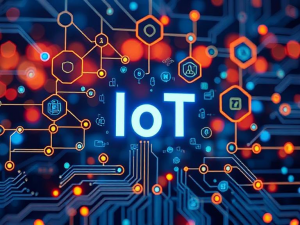 IoT sign ona blue and orange background